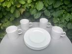 Nieuw wit servies met vier bordjes en vier mokken, Ophalen of Verzenden, Zo goed als nieuw, Overige stijlen, Bord(en)