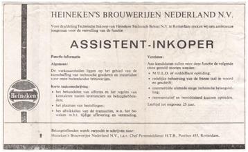 Personeelsadvertentie 1969 Heineken Bier Brouwerij - Inkoper