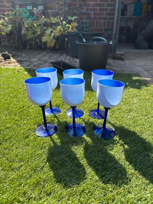 Vintage Blauw-Witte Wijnglazen Set van 6, Antiek en Kunst, Antiek | Glas en Kristal, Ophalen of Verzenden