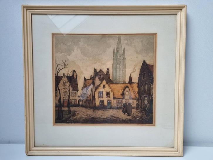 Ets van Alfred van Neste, straatje in Brugge, Antiek en Kunst, Kunst | Etsen en Gravures, Ophalen of Verzenden