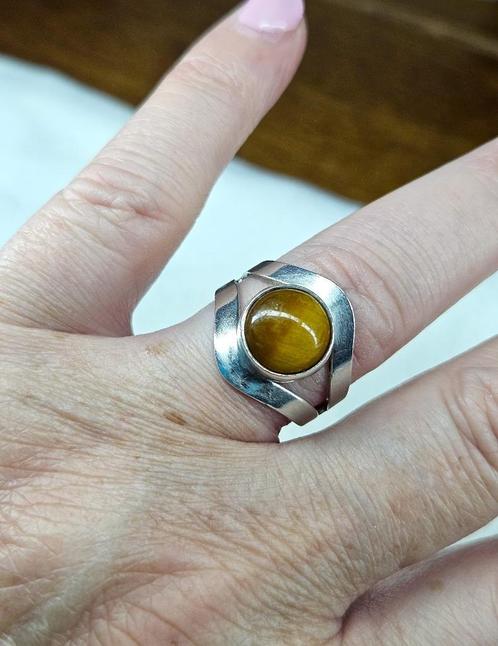Maat 18 - Zilveren (835) DESIGN ring met TIJGEROOG edelsteen, Sieraden, Tassen en Uiterlijk, Ringen, Zo goed als nieuw, Dame, 18 tot 19