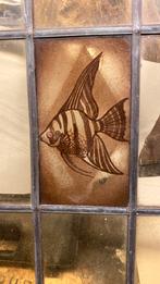 Antieke glas in MESSING raampjes in houten lijst, Doe-het-zelf en Verbouw, Glas en Ramen, Ophalen of Verzenden, Gebruikt, Gevelraam of Ruit