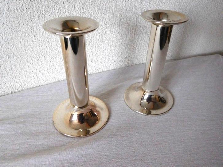 Vintage Kandelaar Zilverkleurig 2x in zware uitvoering, Antiek en Kunst, Curiosa en Brocante, Ophalen