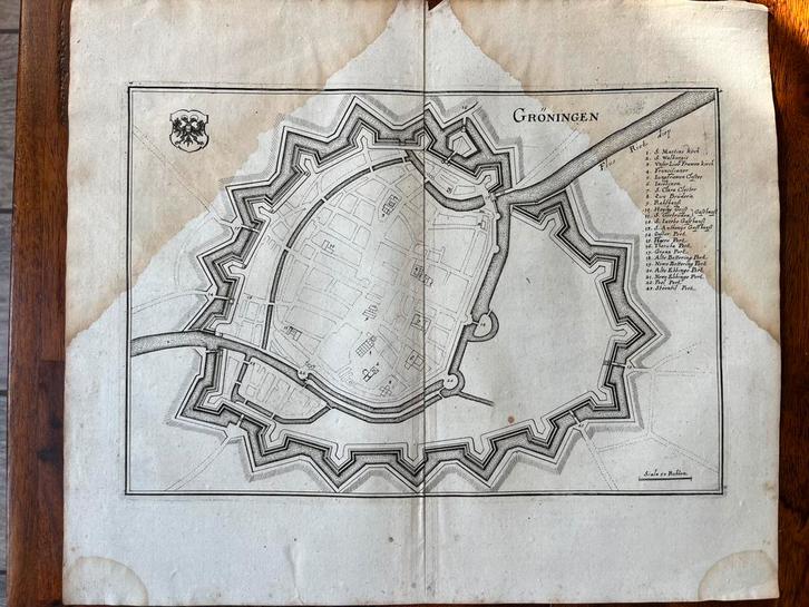 Antieke kaart (vestingkaart) Groningen C. Merian 1660, Antiek en Kunst, Kunst | Etsen en Gravures, Ophalen of Verzenden