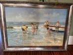 Strandgezicht schilderij P. Renard 105x75 cm, Antiek en Kunst, Ophalen