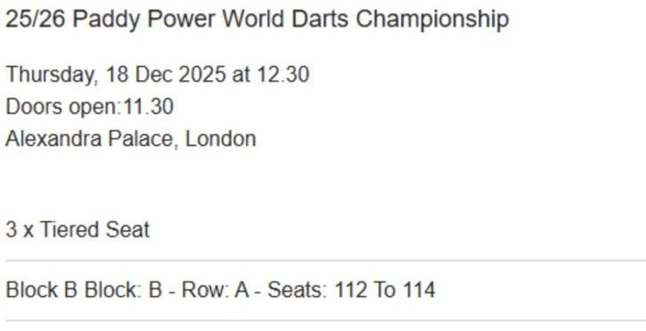 WK darts Ally Pally, Tickets en Kaartjes, Sport | Overige, Drie personen of meer, December