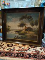 Vintage Schilderij Huis aan de Waterkant - 42x36 cm, Ophalen of Verzenden