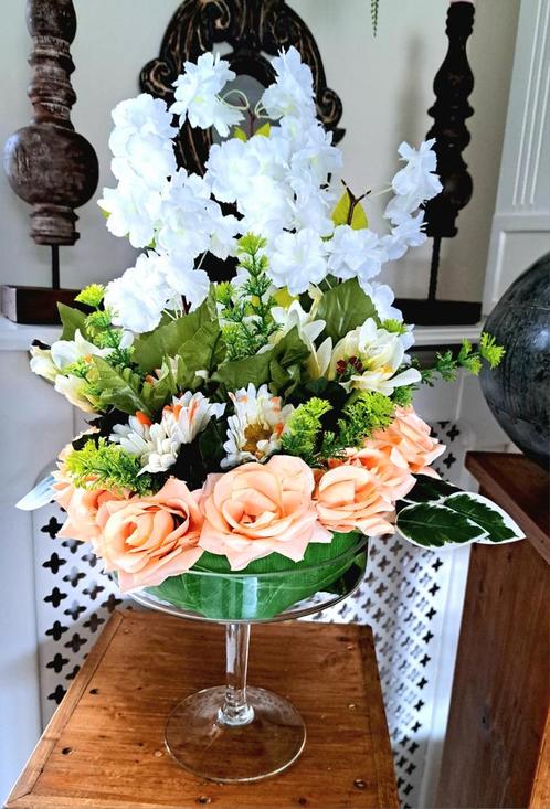 Kunstbloemstuk in Glazen Schaal, Huis en Inrichting, Woonaccessoires | Kunstplanten en Kunstbloemen, Nieuw, Binnen, Ophalen