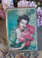 Leuk brocant sigarenblikje, doosje, vrouw met bloemen, groen, Ophalen of Verzenden, Gebruikt, Overige