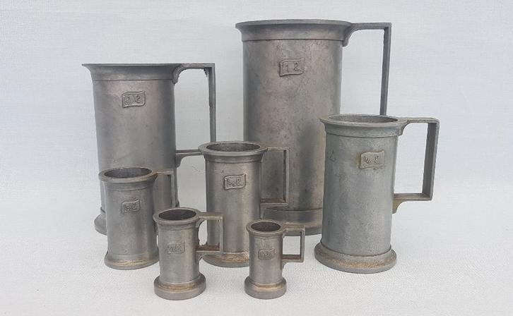 7 Tinnen kannen / maatkannen / maatbekers - Peltrato, Antiek en Kunst, Antiek | Tin, Ophalen of Verzenden