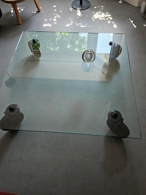 Vintage salontafel Fontana Arte glas grote wielen 110 x 110, Huis en Inrichting, Tafels | Salontafels, Gebruikt, Minder dan 50 cm