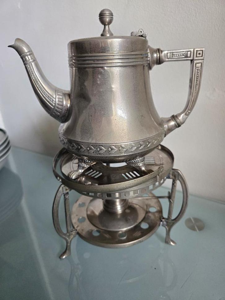 Koffie/thee setje ; potje en rechaud van Kurz & Co Tiel, Antiek en Kunst, Antiek | Tin, Ophalen