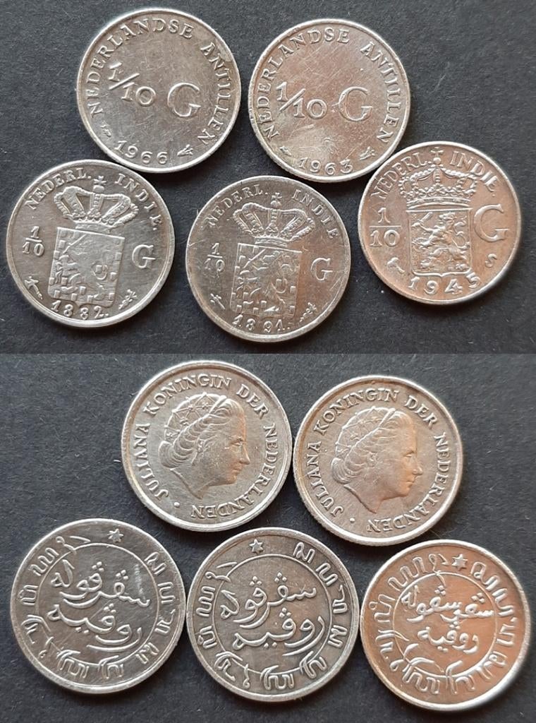 5 dubbeltjes Ned. Antillen & Ned. Indie Zilver, Postzegels en Munten, Munten | Nederland, Verzenden, Koning Willem III, 10 cent