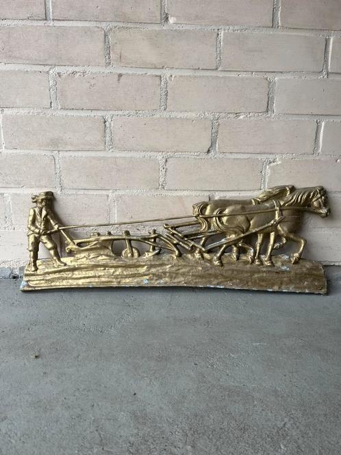 Gietijzeren wanddecoratie - boer, paard en ploeg, Tuin en Terras, Tuinwanddecoratie, Ophalen