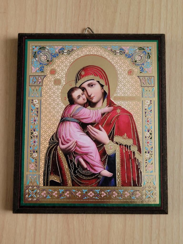 Ikoon Maria met kind Jezus icoon 10,8 x 12,9 cm, Ophalen of Verzenden, Zo goed als nieuw, Overige typen
