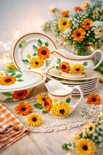 Vintage serviesset bordjes dekschaal juskom melkkan oranje, Ophalen of Verzenden