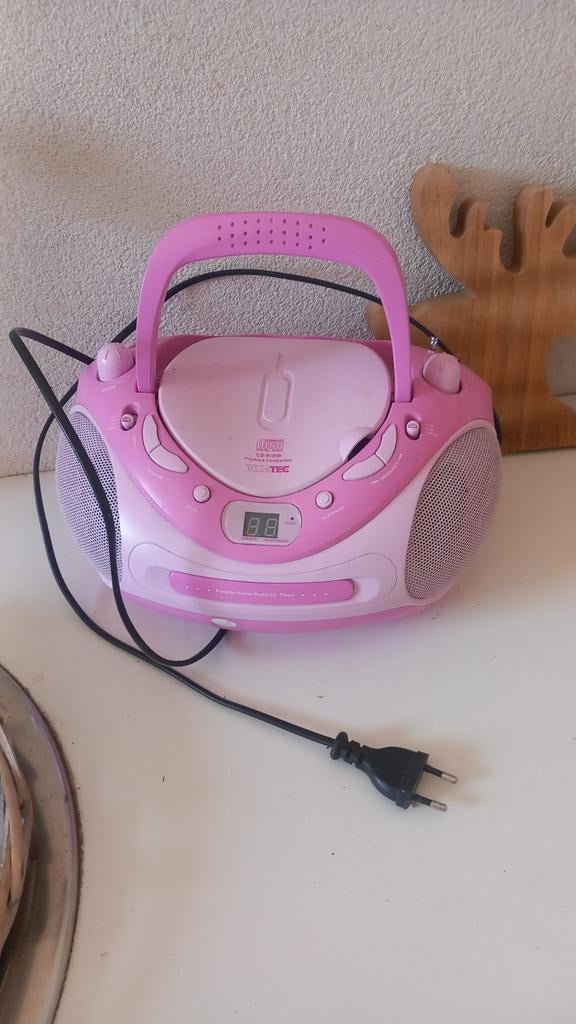 Roze vintage radio met CD-speler - Tomtec, Audio, Tv en Foto, Radio's, Ophalen, Gebruikt, Radio, Met cd-speler