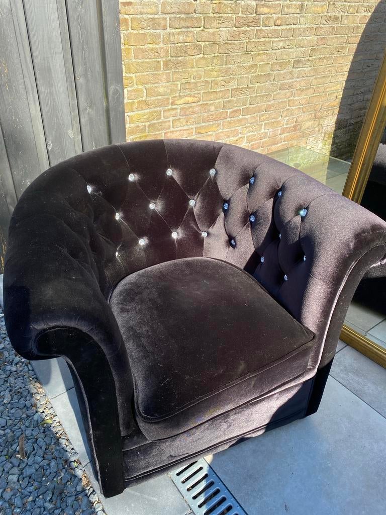 Zwarte fluwelen fauteuil met strass details - Zo goed als ni, Zwart, Ophalen of Verzenden, Zo goed als nieuw, Eén