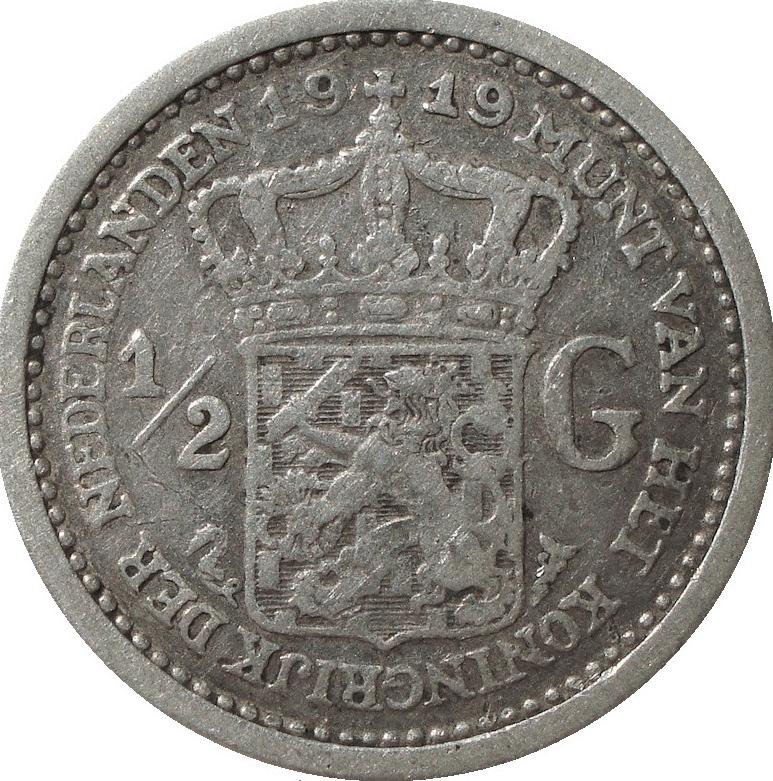 Nederland 0,5 gulden 1919 (zilver), Postzegels en Munten, Munten | Nederland, Losse munt, ½ gulden, Koningin Wilhelmina, Zilver