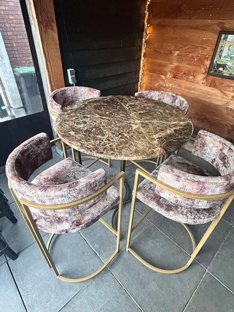 EXCLUSIEF Luxe ronde eettafel met 4 krukken - Marmer & goud, Huis en Inrichting, Tafels | Eettafels, 100 tot 150 cm, Rond, Ophalen of Verzenden