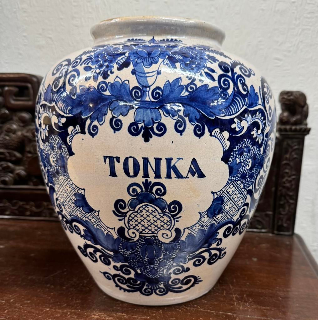 Grote antieke tabakspot Delft TONKA delfts blauw, Antiek en Kunst, Ophalen of Verzenden