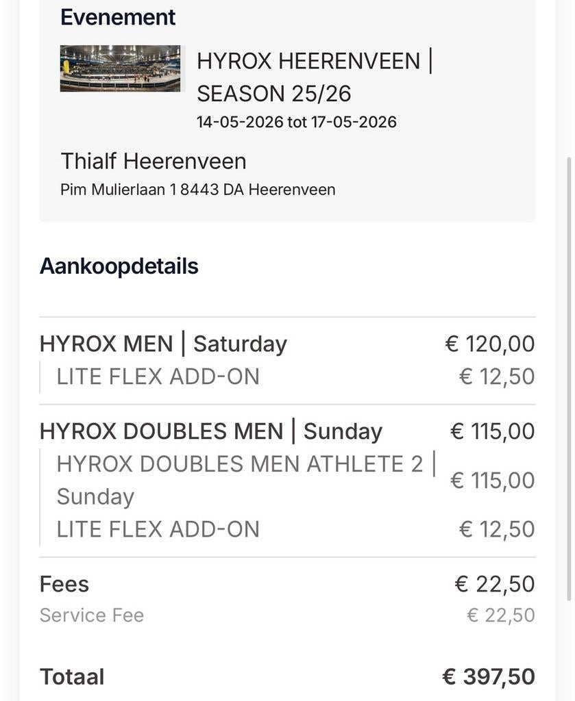Hyrox Heerenveen Zondag DUO man tickets, Drie personen of meer, Maart