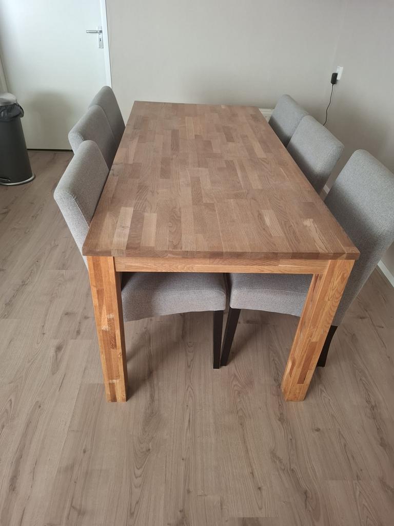 Eikenhouten eettafel met 6 stoelen, Ophalen, Eikenhout, Nieuw, 50 tot 100 cm