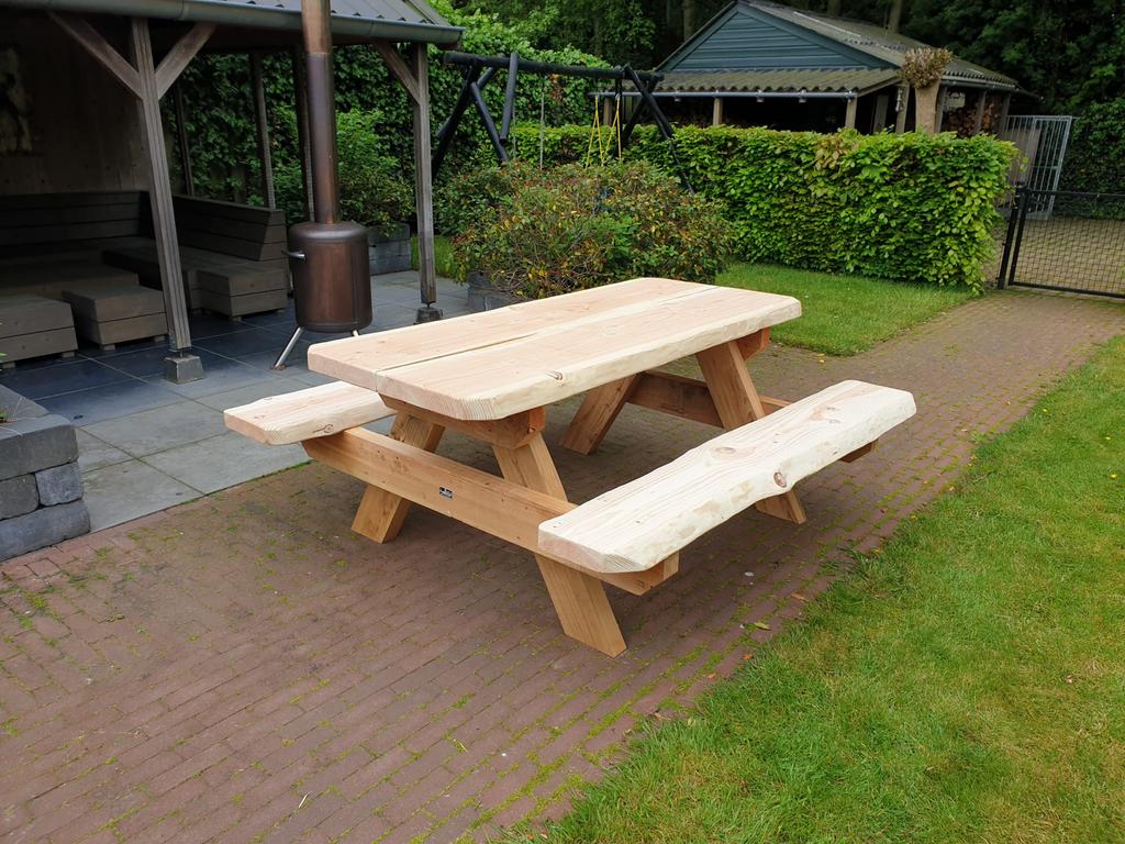 Robuuste Boomstam Picknicktafel - bouwpakket - 6cm dik!, Tuin en Terras, Picknicktafels, Nieuw, Rechthoekig, Hout, Ophalen