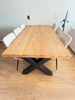 Eikenhouten eettafel met metalen kruispoot, Ophalen, Gebruikt, 150 tot 200 cm, Eikenhout