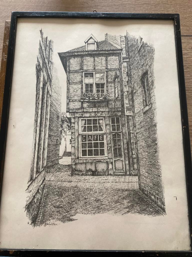 Tekening 'Kleinste Café van Maastricht' - B. Nelissen, Ophalen of Verzenden