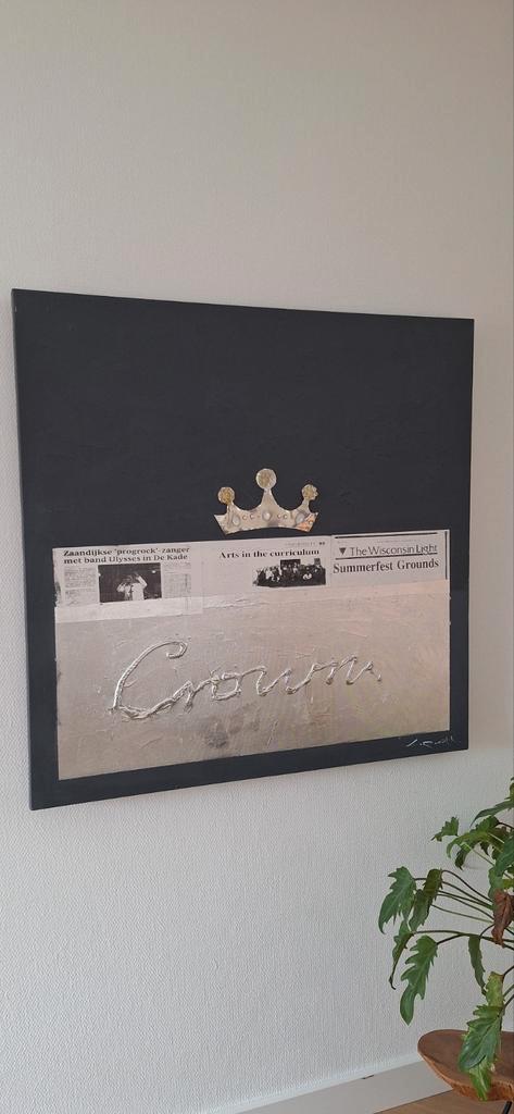 Modern Schilderij 'Crown' - Grijs met Zilver - 100x100cm, Antiek en Kunst, Kunst | Schilderijen | Modern, Ophalen of Verzenden
