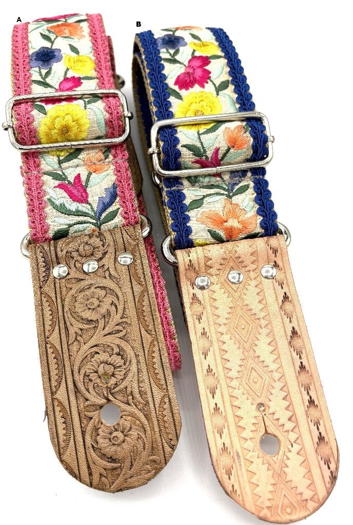 Gitaarband leer Stof024 roze geel barok classic bohemian, Verzenden, Nieuw, Akoestische gitaar