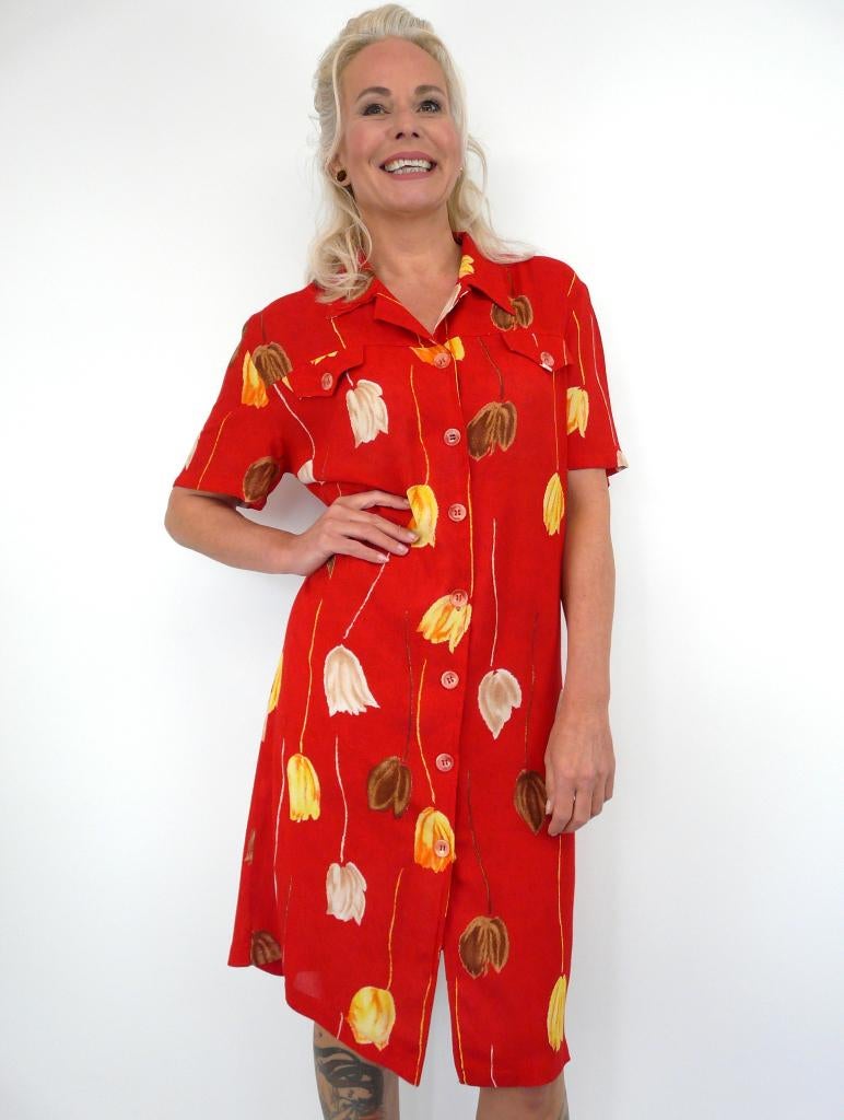 *Abfab Vintage Rode Viscose Blouse Doorknoop Jurk L*, Maat 42/44 (L), Ophalen of Verzenden, Zo goed als nieuw, Knielengte