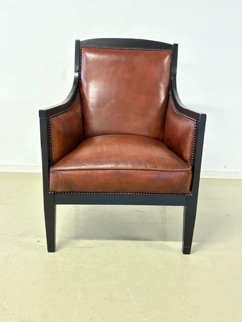 Eiken, zwart gebeitste fauteuil in rundleer, Huis en Inrichting, Fauteuils, Ophalen, Minder dan 75 cm, Nieuw, Leer