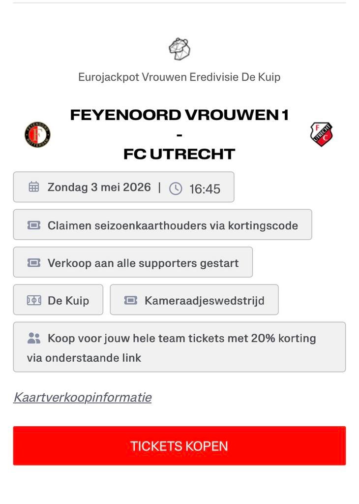 Feyenoord vrouwen 1 - fc utrecht, Tickets en Kaartjes, Twee personen, Maart