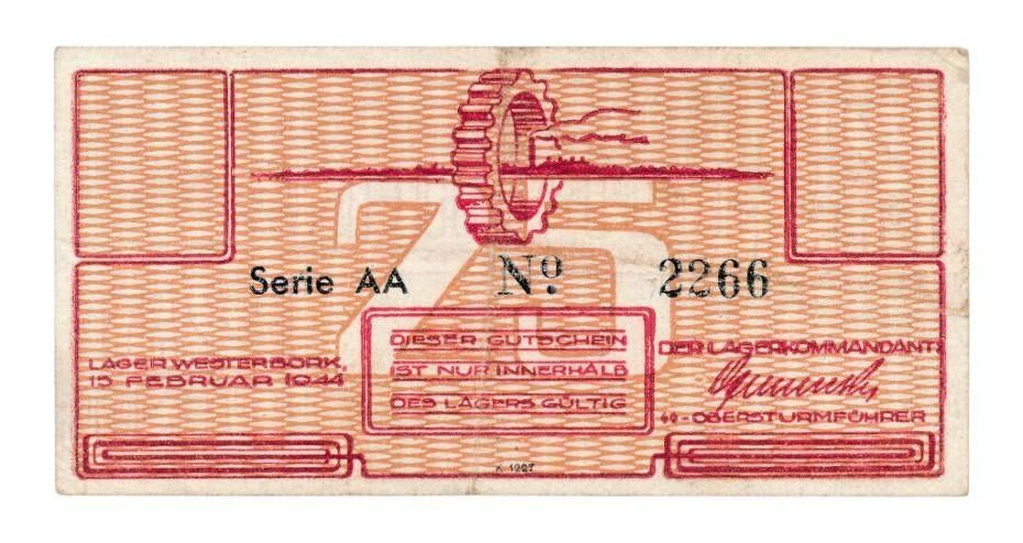 Westerbork kampgeld 25 Cent 1944 zonder watermerk, Ophalen of Verzenden, Overige landen, Los biljet