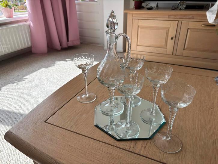 Vintage Kristallen Karaf met 5 Glazen en Spiegel Dienblad, Antiek en Kunst, Antiek | Glas en Kristal, Ophalen of Verzenden