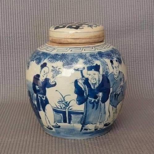 Chinese antieke blauw-witte pot met mensen en dubbel gelukt, Ophalen of Verzenden