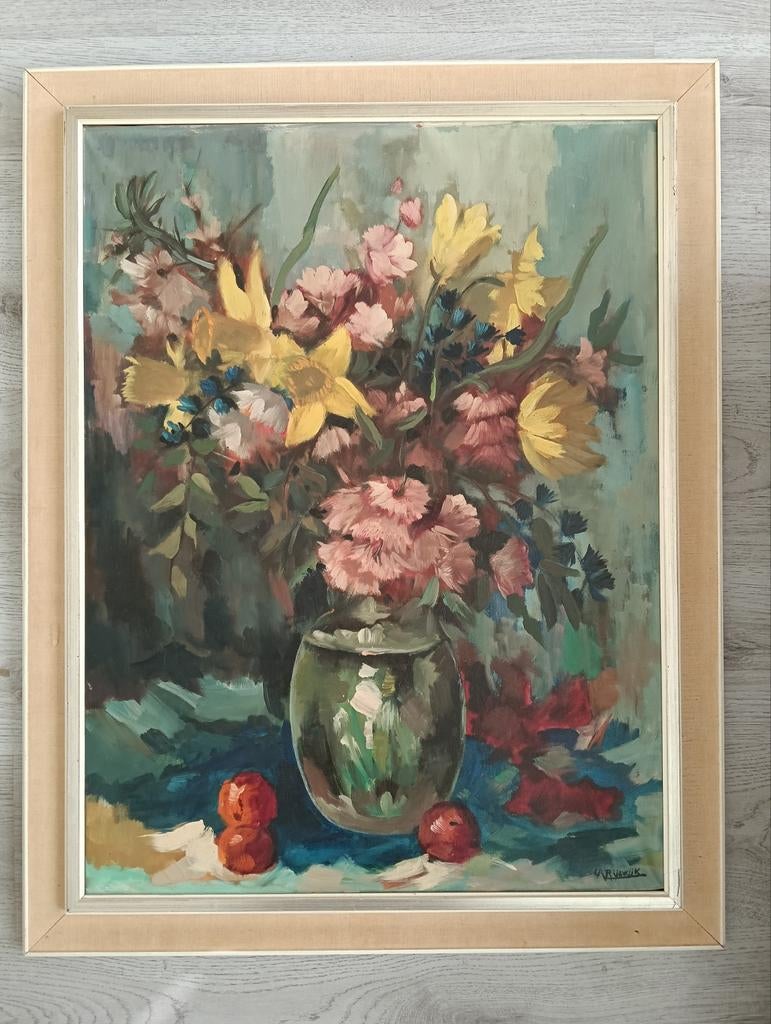 Stilleven met zomerse bloemen en appels - C. Rijswijk - 1960, Antiek en Kunst, Kunst | Schilderijen | Klassiek, Ophalen of Verzenden