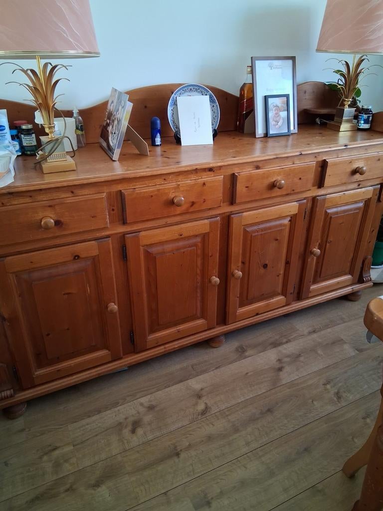 Massief grenen dressoir en vitrinekast set, Gebruikt, Met deur(en), 150 tot 200 cm, Ophalen of Verzenden