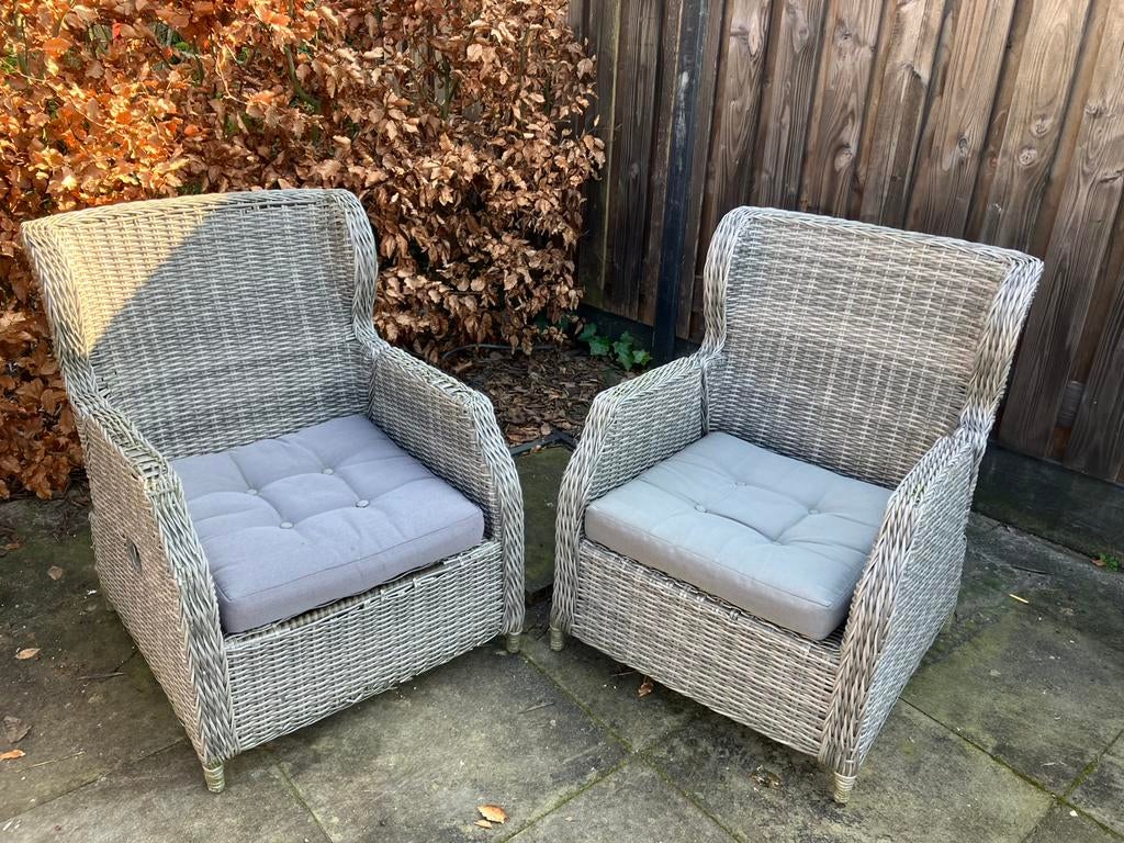 Gratis. Twee grote tuinstoelen of loungestoelen., Ophalen, Gebruikt, Kunststof
