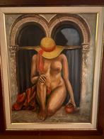 Olieverfschilderij: Naakt met hoed en appel, Antiek en Kunst, Ophalen of Verzenden