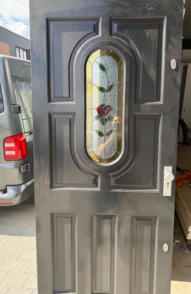 Klassieke hardhouten voordeur met glas in lood, Doe-het-zelf en Verbouw, Deuren en Horren, Ophalen, Gebruikt, 80 tot 100 cm, Buitendeur