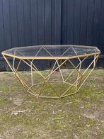 Moderne salontafel met gouden frame en glazen blad, Ophalen, Gebruikt, 50 tot 100 cm, Metaal