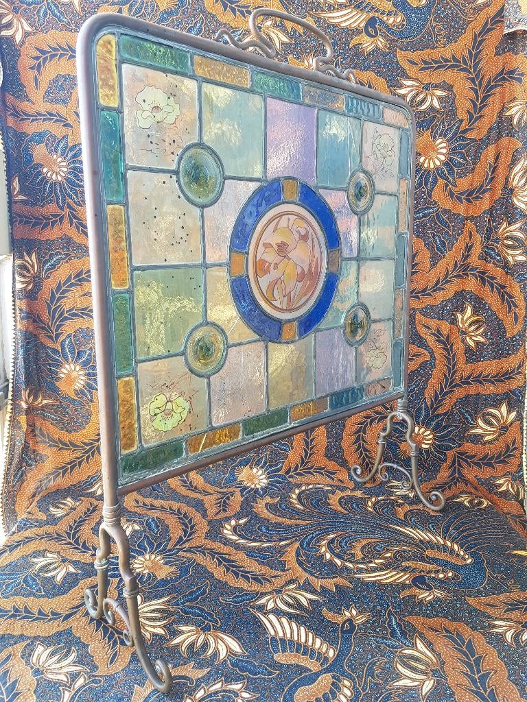 Mooi antiek Engels scherm van glas in lood en koper 72 cm., Antiek en Kunst, Ophalen