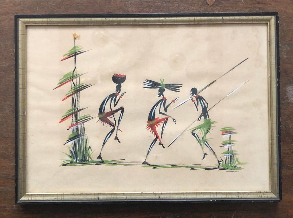 Ingelijst schilderij Afrikaanse stam dans - Staf Verstraeten, Antiek en Kunst, Ophalen of Verzenden