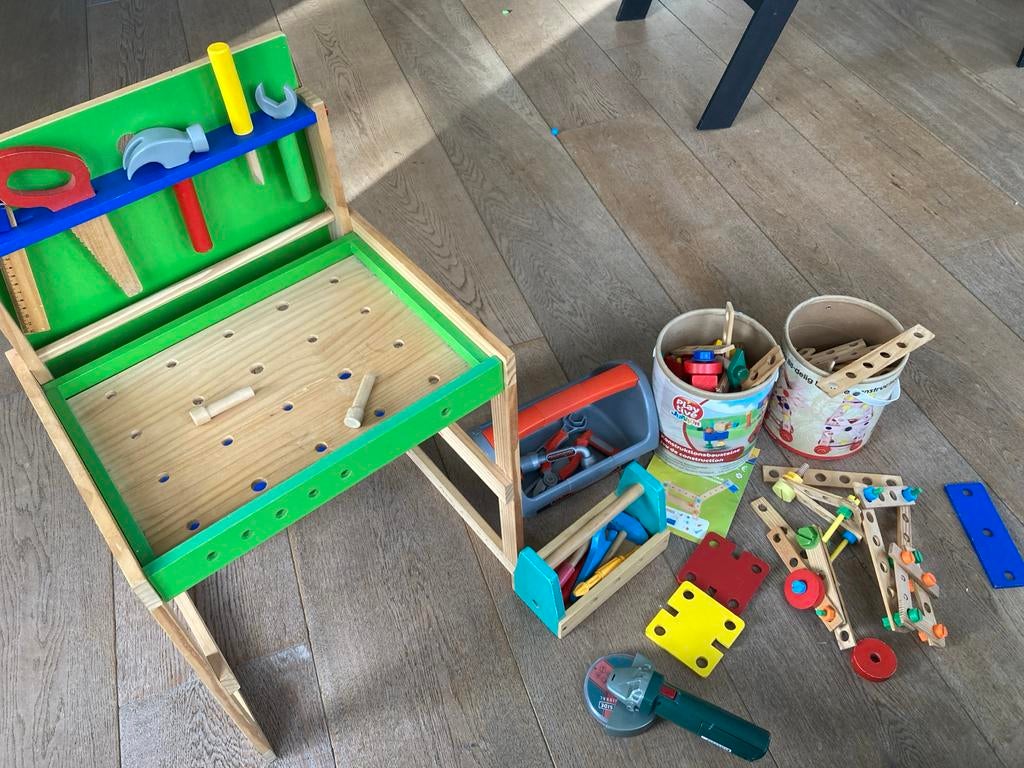 Houten Bouwtafel met Gereedschap en Bouwmaterialen, Ophalen, Gebruikt, Knutselen