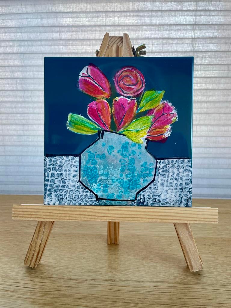 Uniek Handbeschilderd Tegeltje 15x15 cm VAAS MET BLOEMEN 🌷, Ophalen of Verzenden