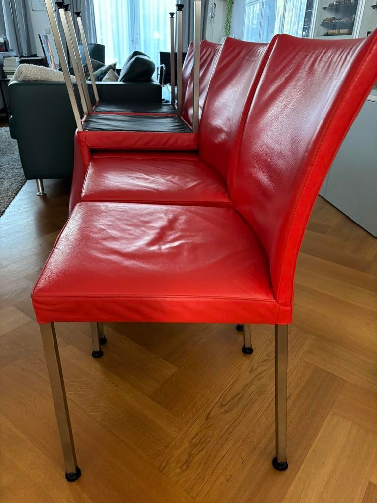 6 Prachtige rode leren eetkamerstoelen, toledoleer, Huis en Inrichting, Stoelen, Ophalen, Gebruikt, Leer, Modern