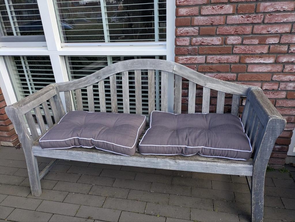 Houten tuinbankje met kussens, Ophalen, Gebruikt, Hout